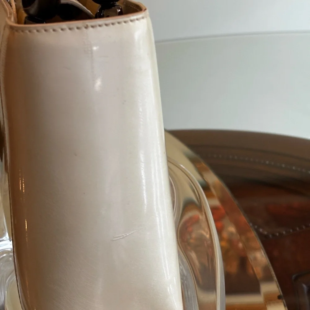 Polished Christian Dior Tan Patent Shoulder Bag with Glossy Bead Handles - Picture 12 of 13